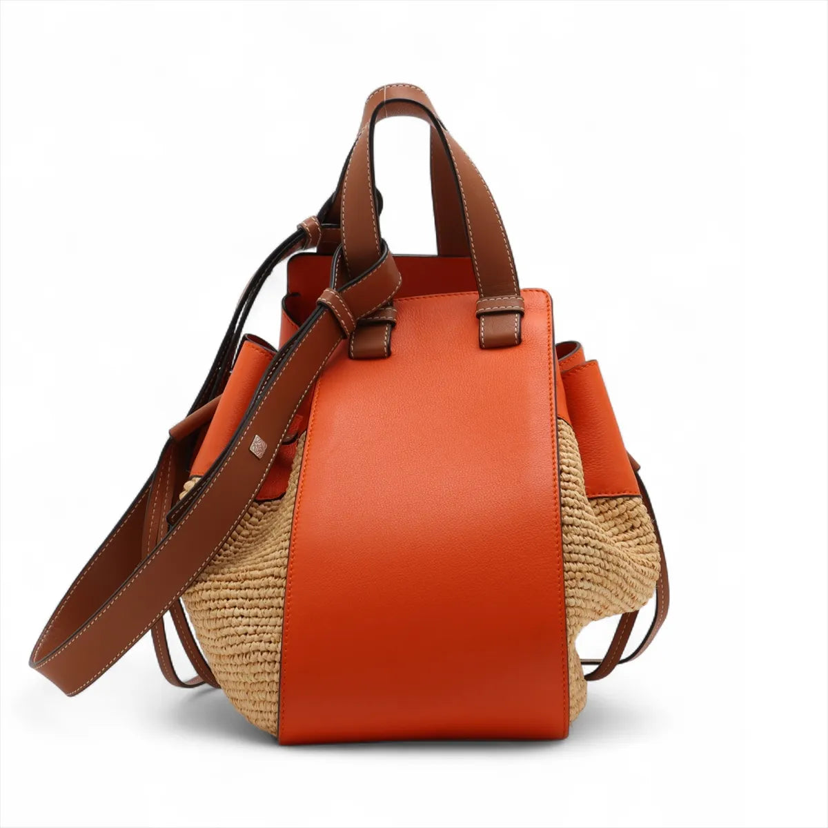 Loewe Hammock Drawstring Medium Straw Leather Shoulder Bag Brown x Orange