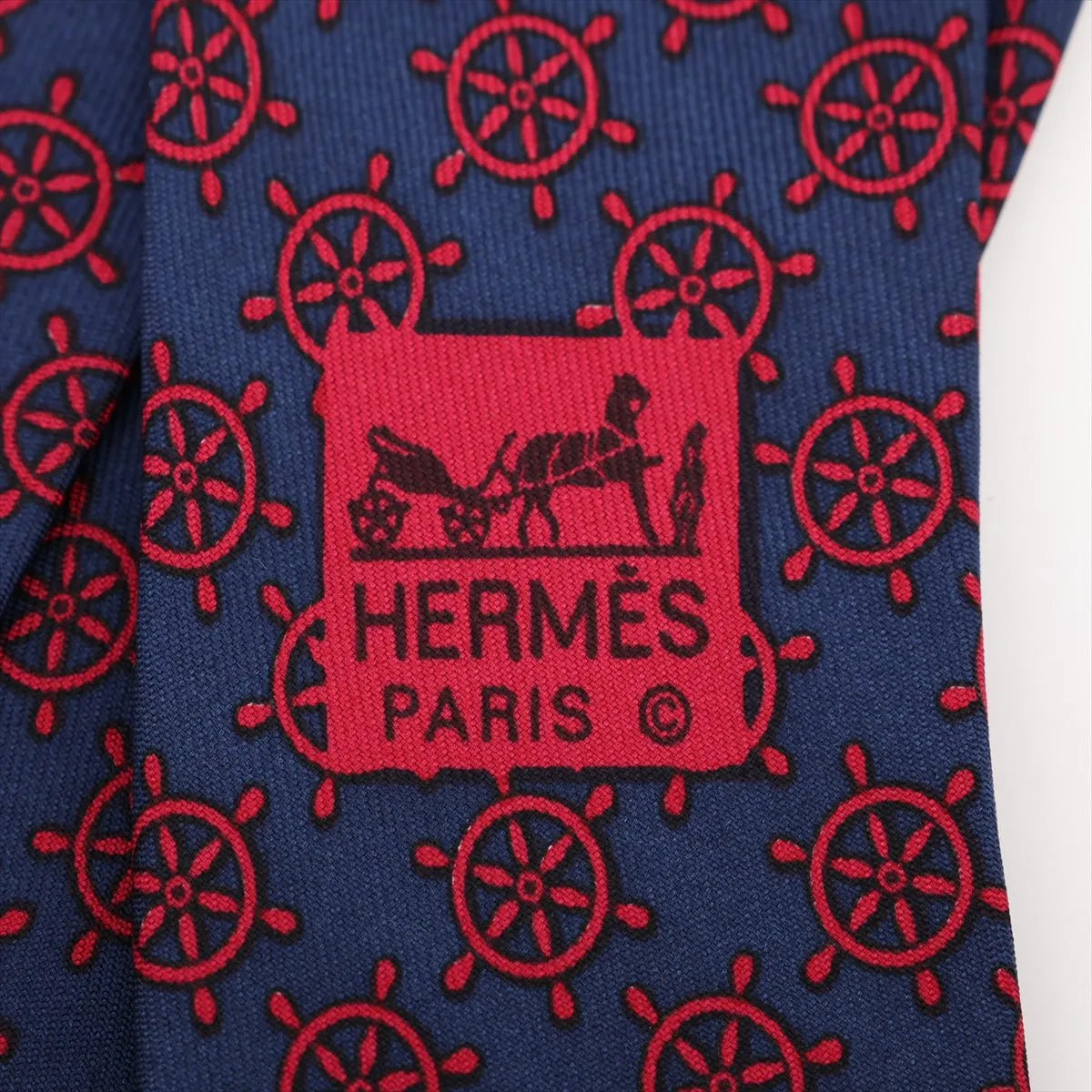 Hermès Ship Wheel Silk Necktie Navy Blue x Red
