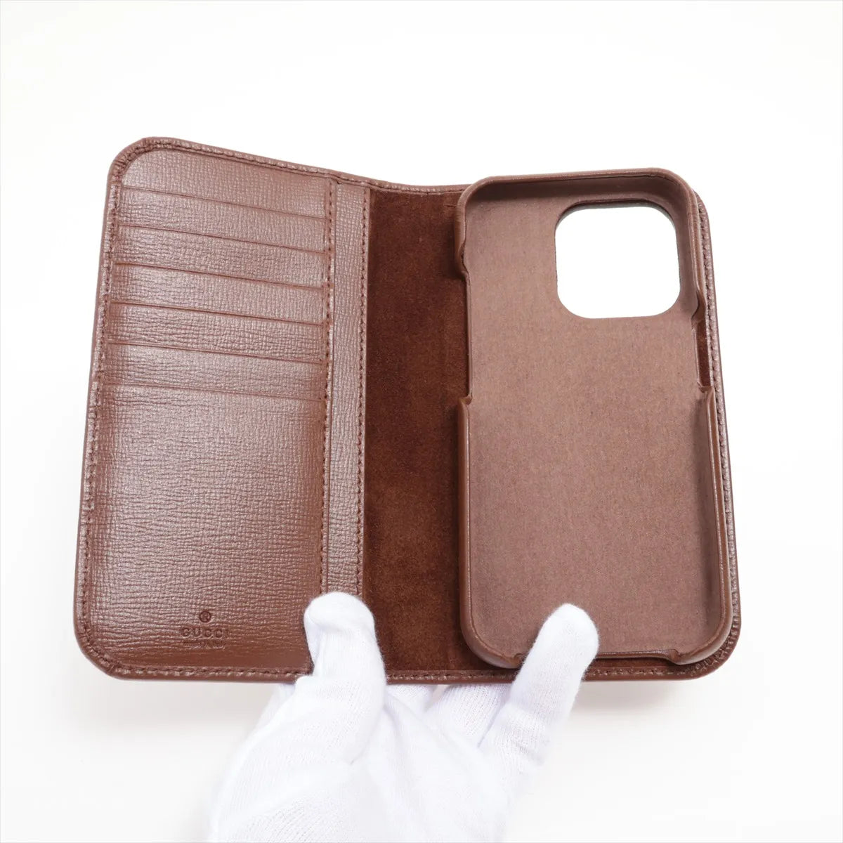 Gucci GG Supreme Leather iPhone15 Pro Phone Case Beige x Brown