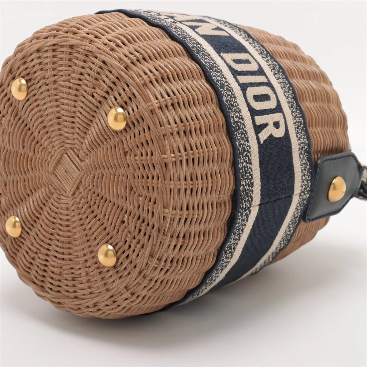Christian Dior Oblique Rattan Canvas Bucket Shoulder Bag Beige x Navy Blue