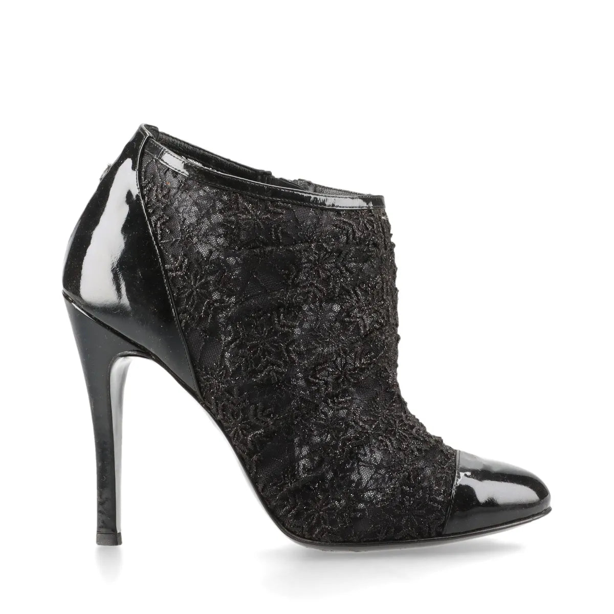 Chanel CC Logo Lace x Patent Leather Pointed Heel Boots Black