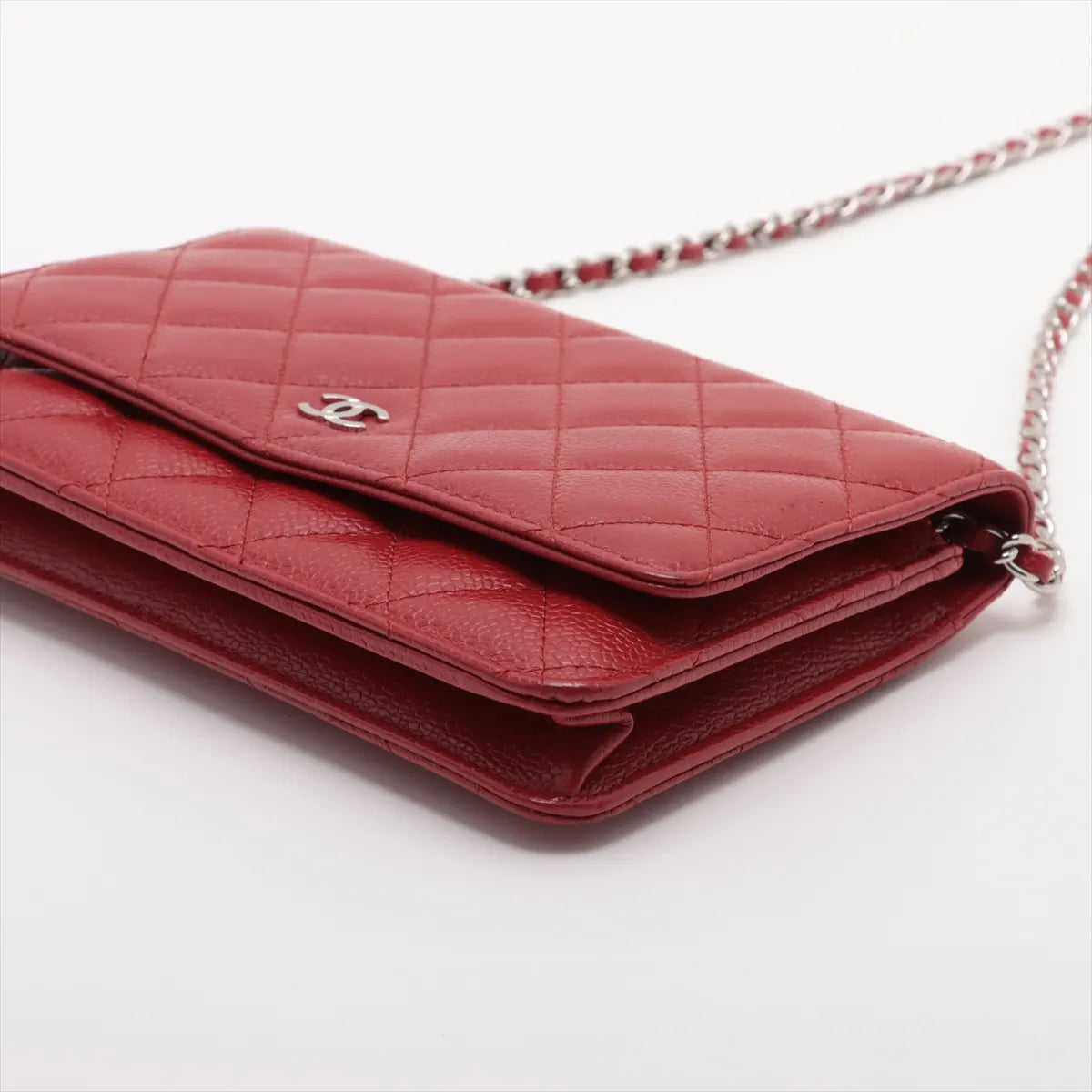 Chanel CC Logo Matelasse Caviar Skin Chain Wallet Red