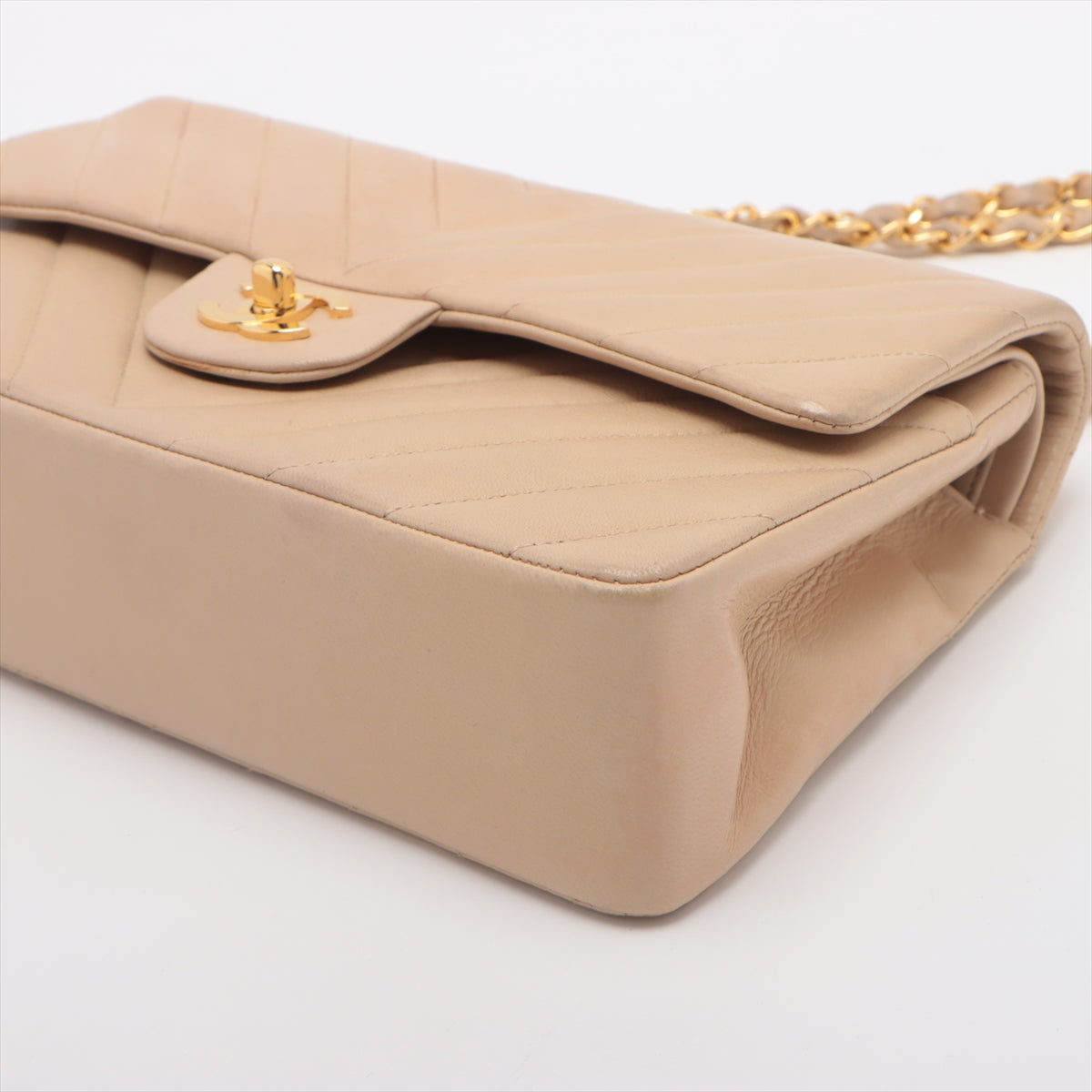 Chanel CC Logo V Stitch Lambskin Double Flap Double Chain Bag Beige