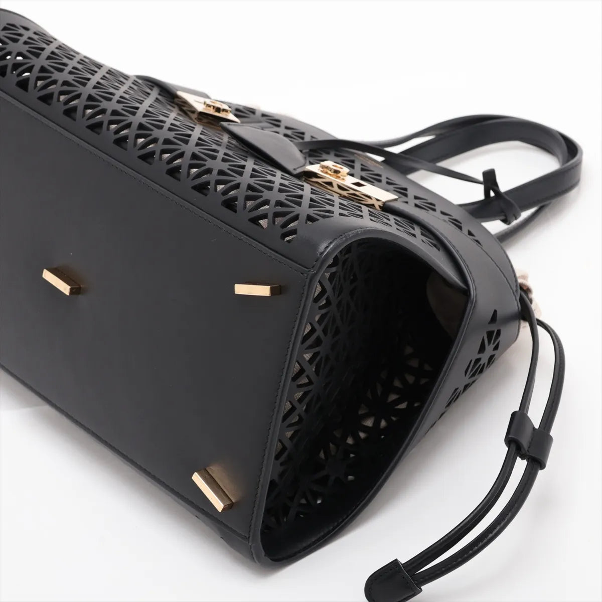 Ferragamo Hug Lazer-cut Panels Leather Two-Way Handbag Black