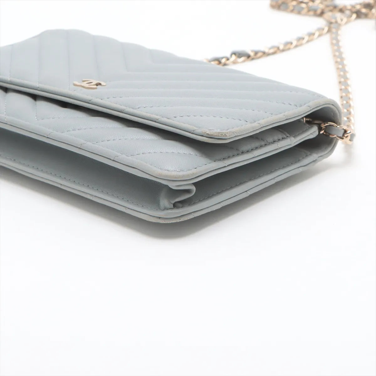 Chanel CC Logo Chevron Lambskin Chain Wallet Bag Gray