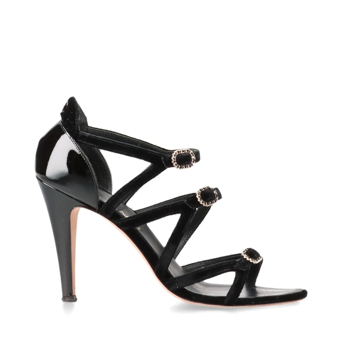 Chanel CC Logo Strappy Buckle Velvet Sandal Black