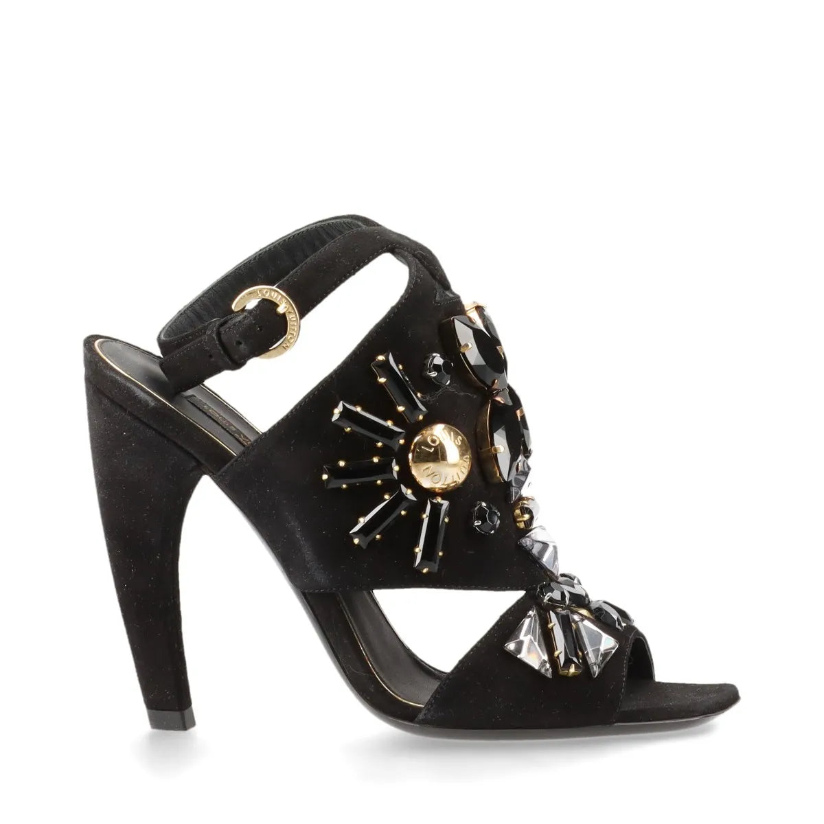 Louis Vuitton Cut Out Crsytal Suede Sandal Black