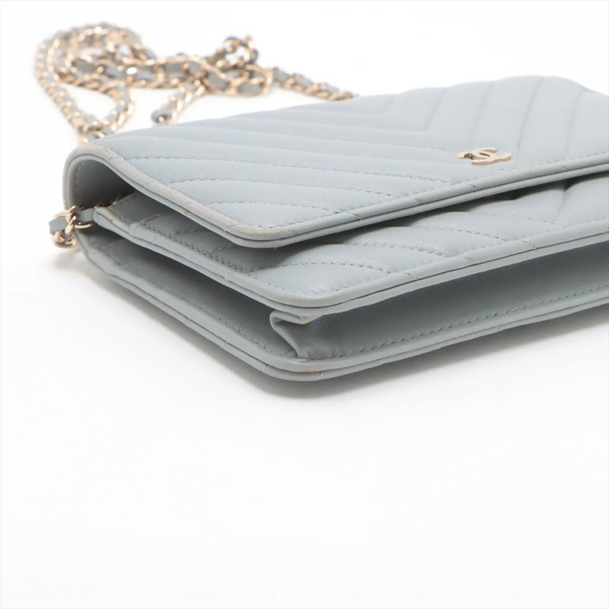 Chanel CC Logo Chevron Lambskin Chain Wallet Bag Gray