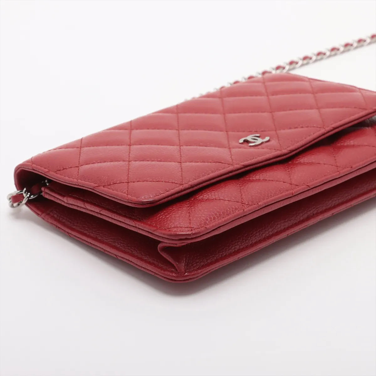 Chanel CC Logo Matelasse Caviar Skin Chain Wallet Red