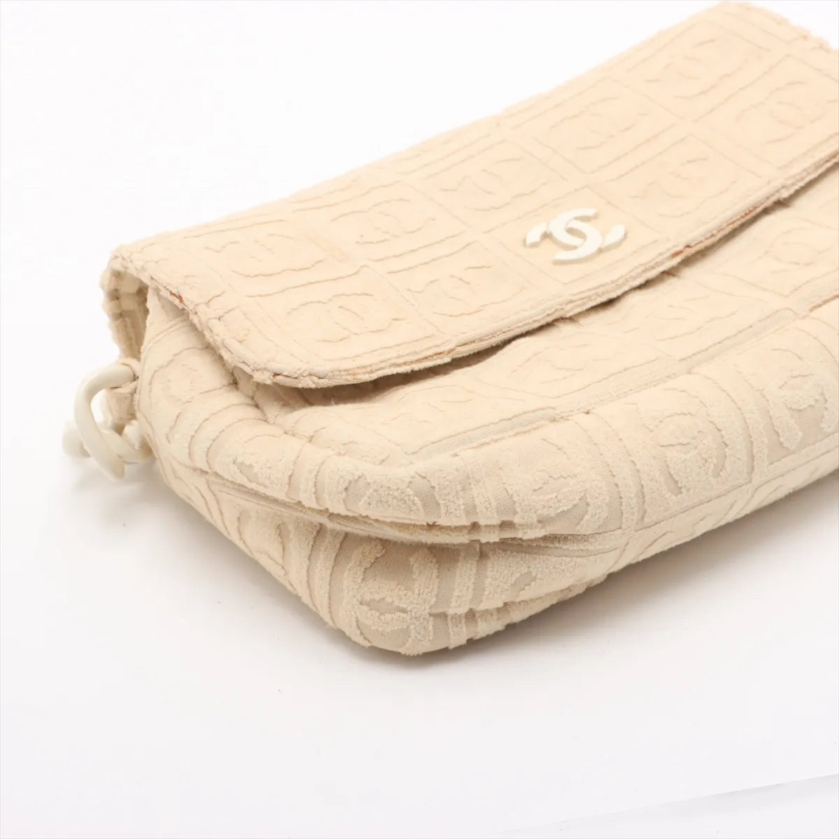 Chanel CC Logo Jacquard Terry Cloth Chain Shoulder Bag Beige