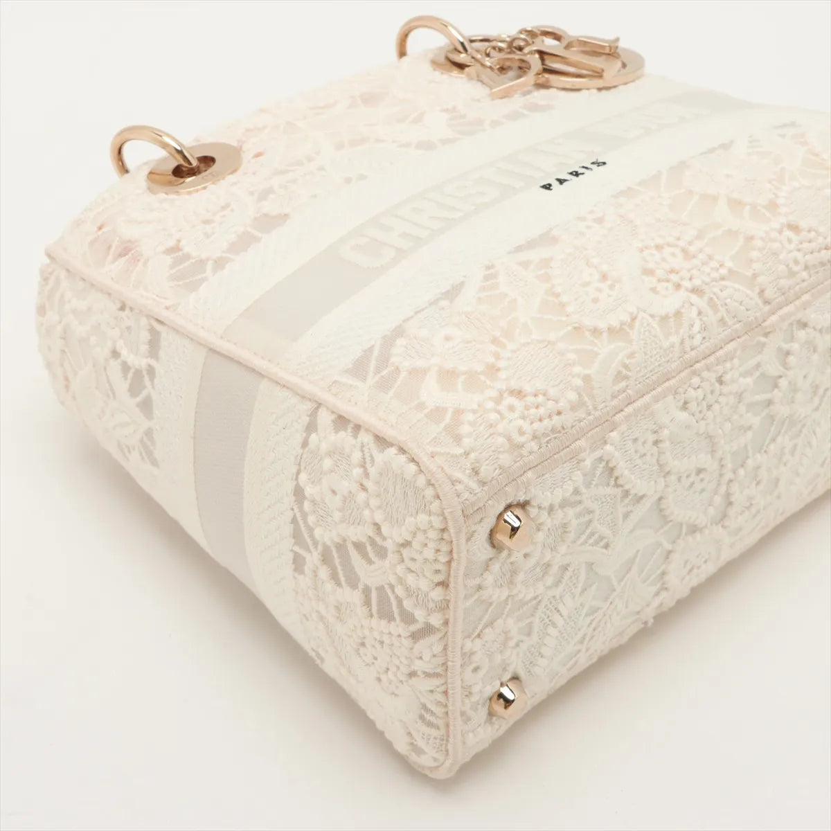 Christian Dior Lady D-Lite Medium Embroided Lace Two-Way Handbag White