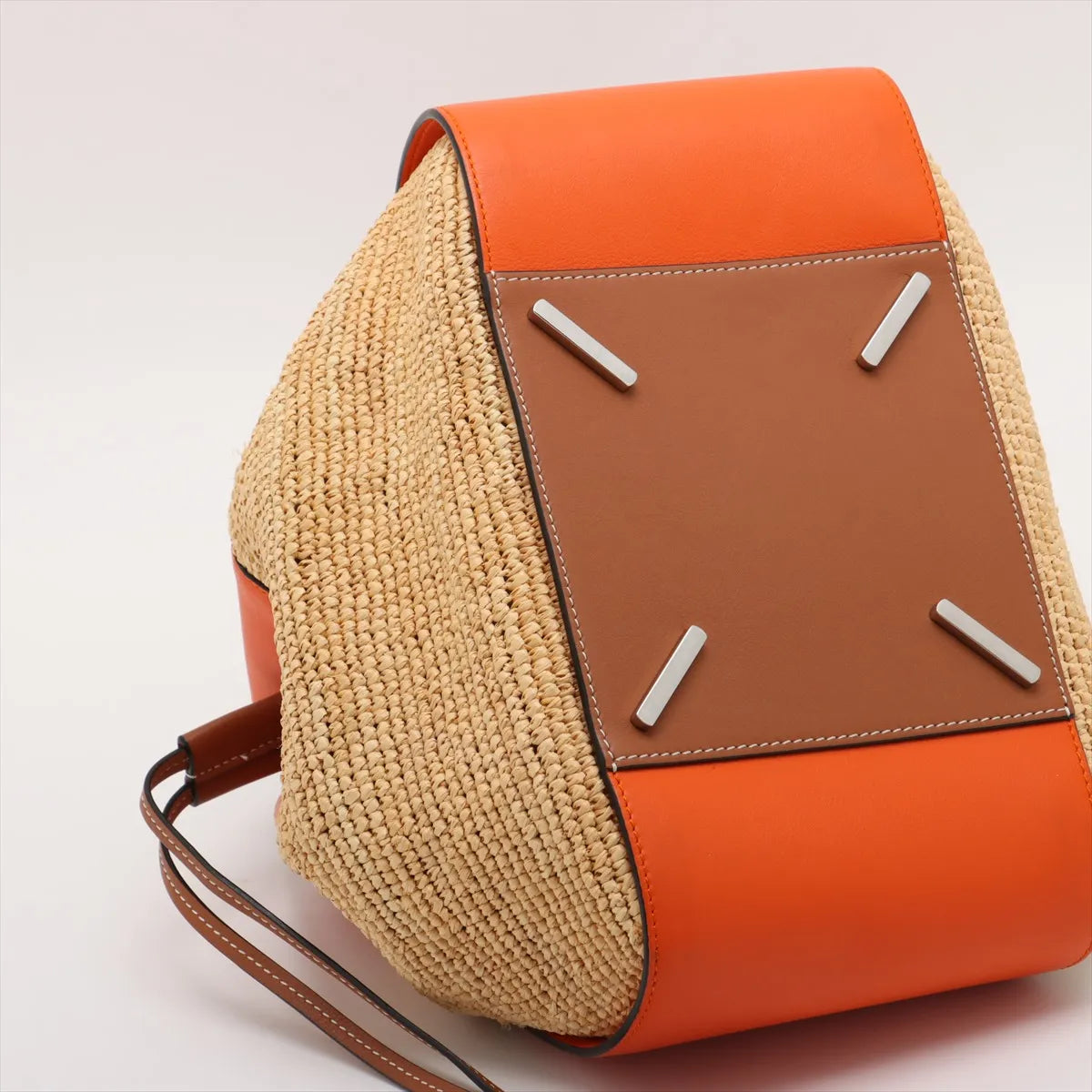 Loewe Hammock Drawstring Medium Straw Leather Shoulder Bag Brown x Orange