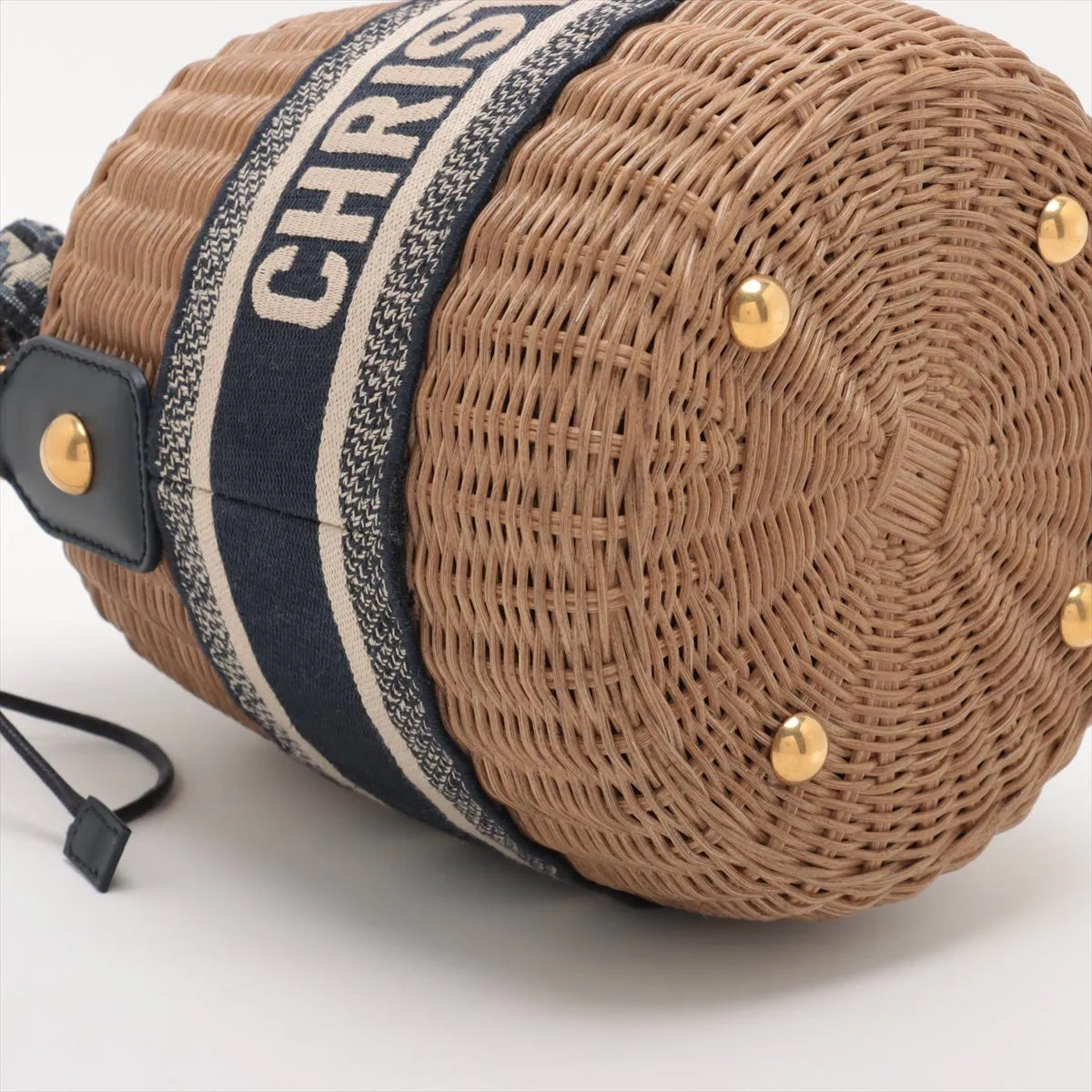 Christian Dior Oblique Rattan Canvas Bucket Shoulder Bag Beige x Navy Blue