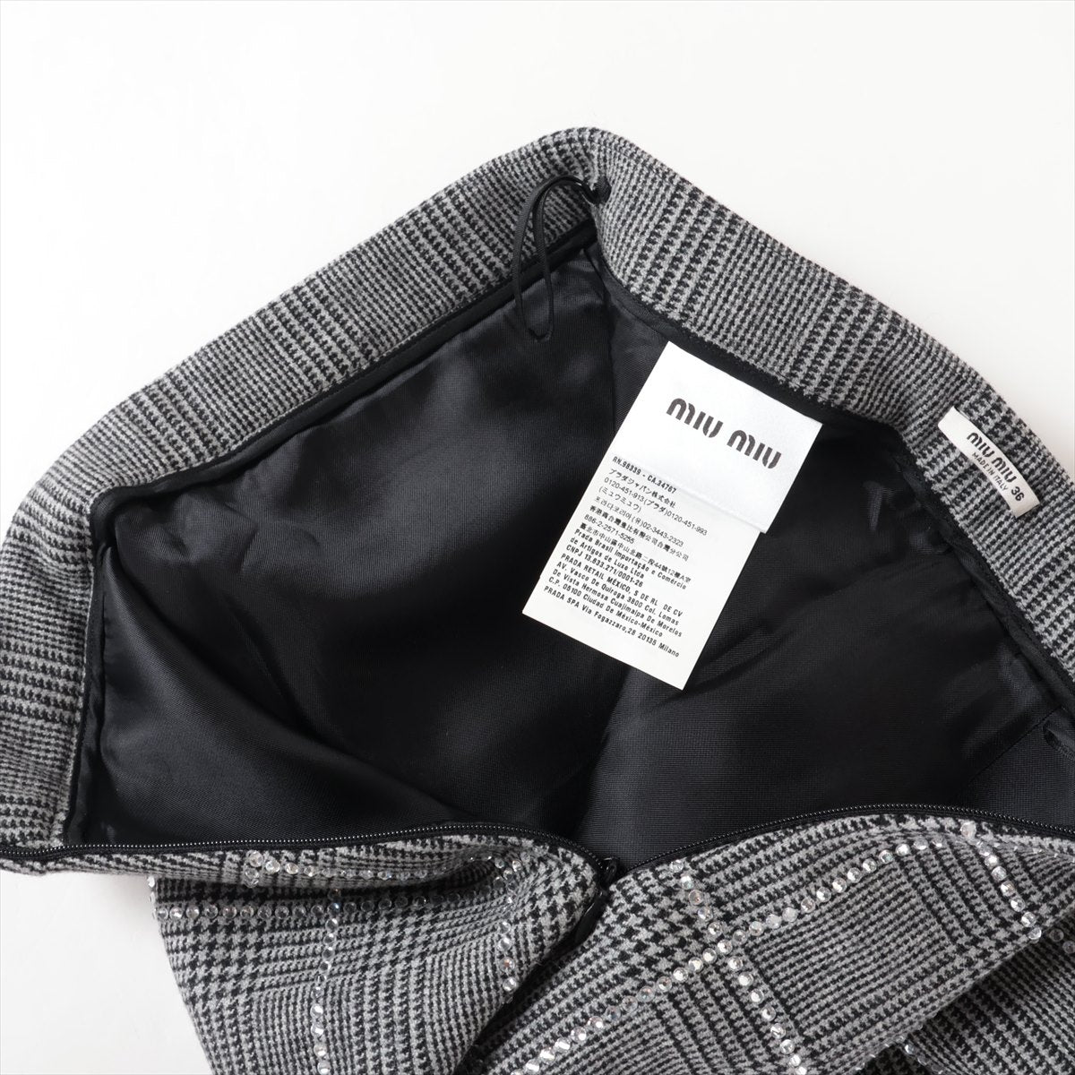 Miu Miu Plaid Rhinestone Wool Skirt Gray