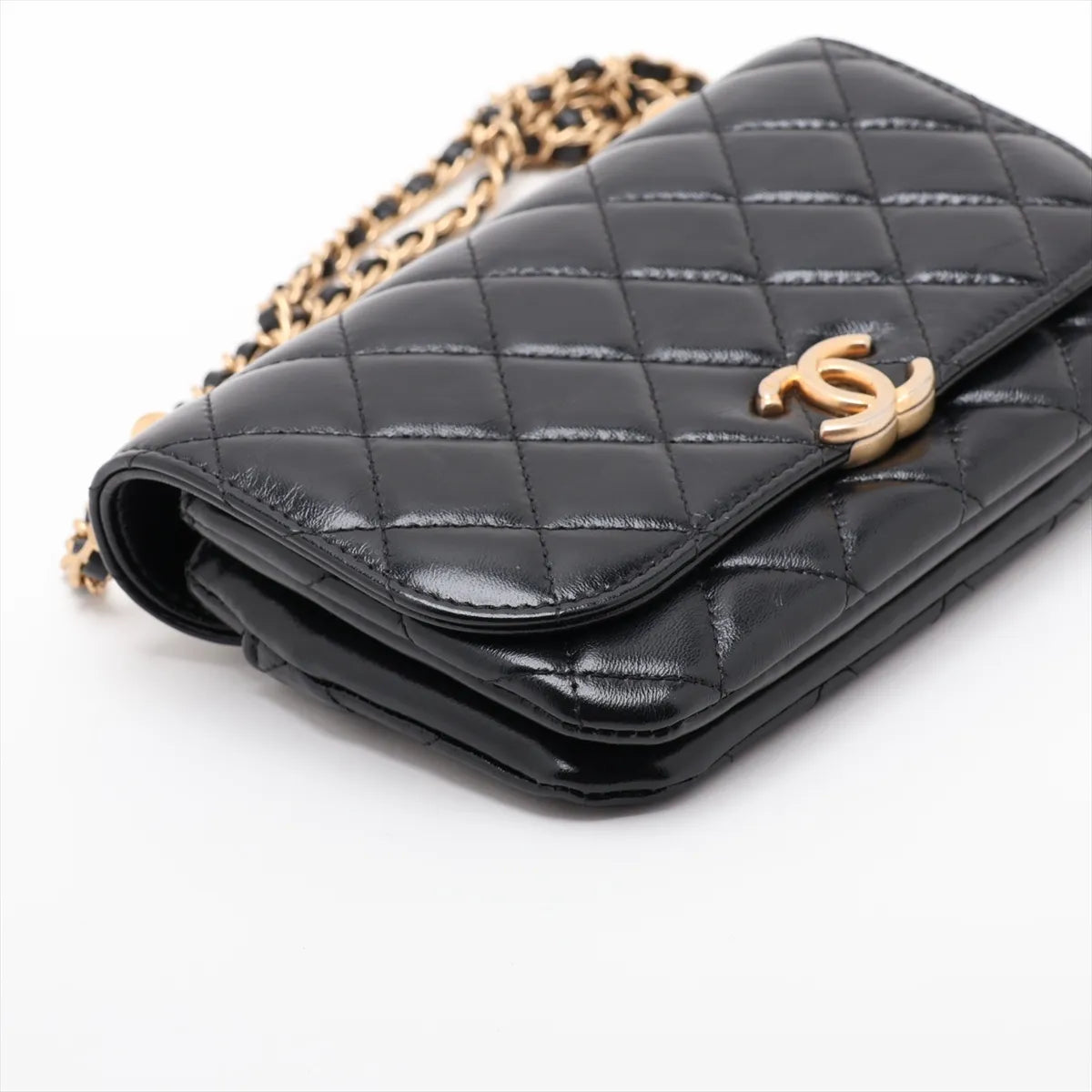 Chanel CC Logo Matelasse Lambskin Wallet on Chain Shoulder Bag Black