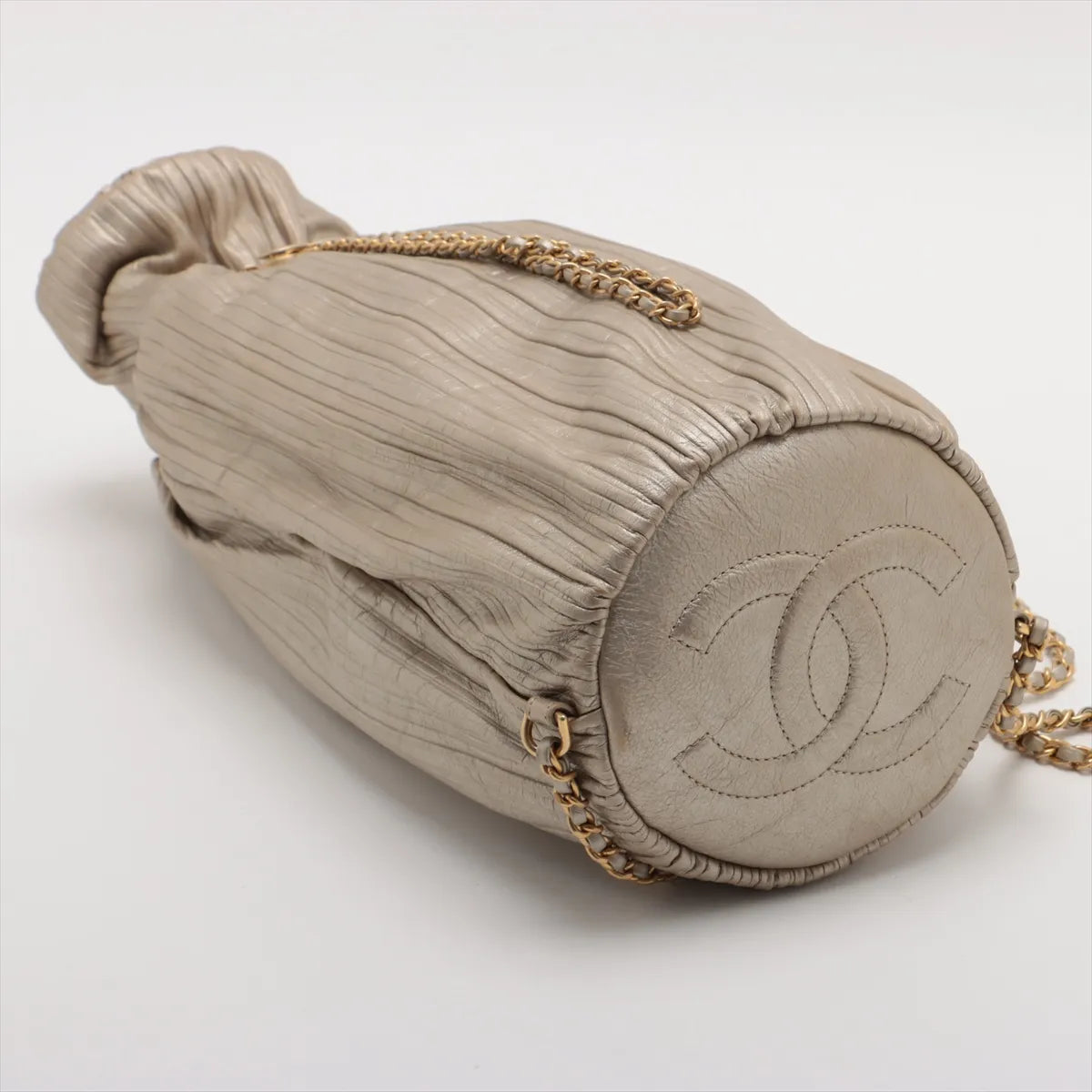 Chanel CC Logo Metallic Calfskin Pleats Drawstring Two-Way Bag Gold