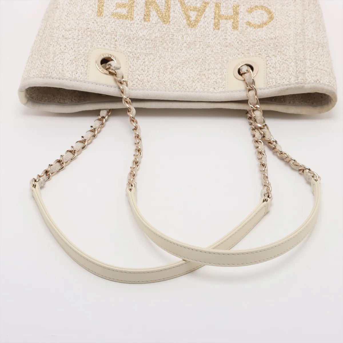Chanel Deauville PM Tweed Leather Chain Tote Bag White
