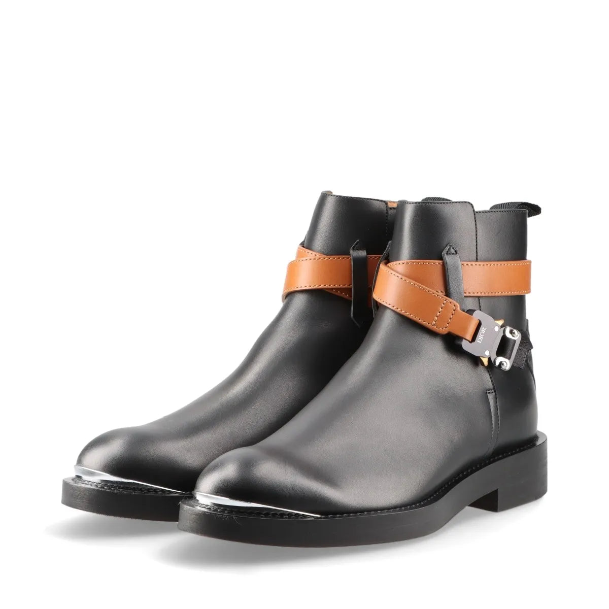 Dior Leather Buckle Belt Short Boots Unisex Black