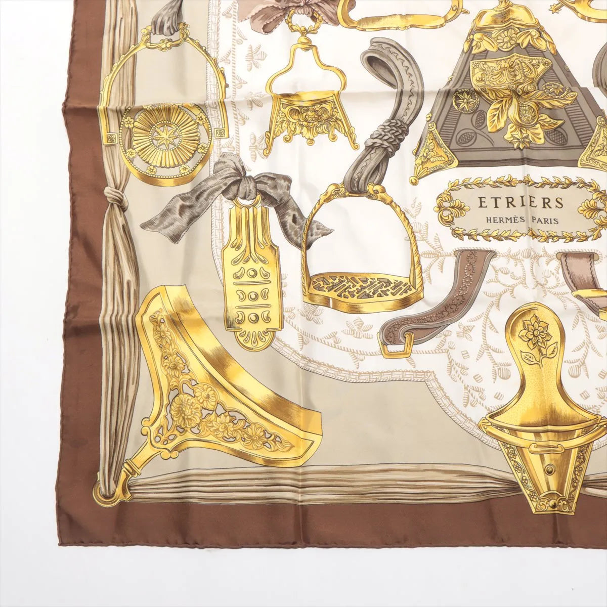 Hermès Carré 90 d'Etriers Stirrup Silk Scarf Brown