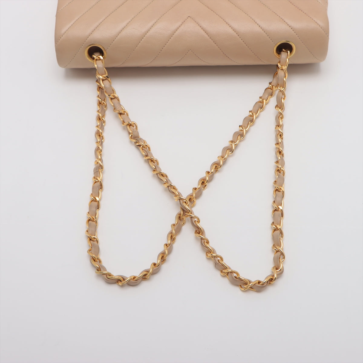 Chanel CC Logo V Stitch Lambskin Double Flap Double Chain Bag Beige