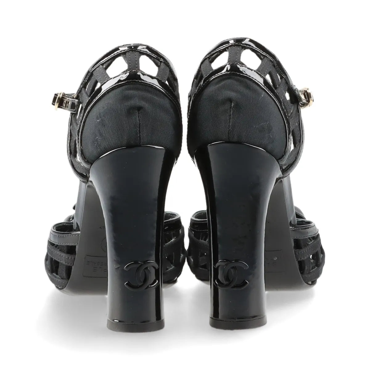 Chanel Camellia CC Logo Matelasse Patent Leather Strap Pumps Black