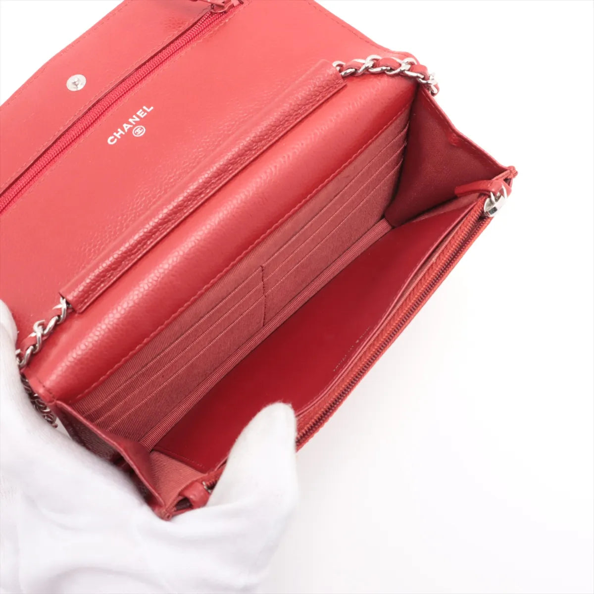 Chanel CC Logo Matelasse Caviar Skin Chain Wallet Red