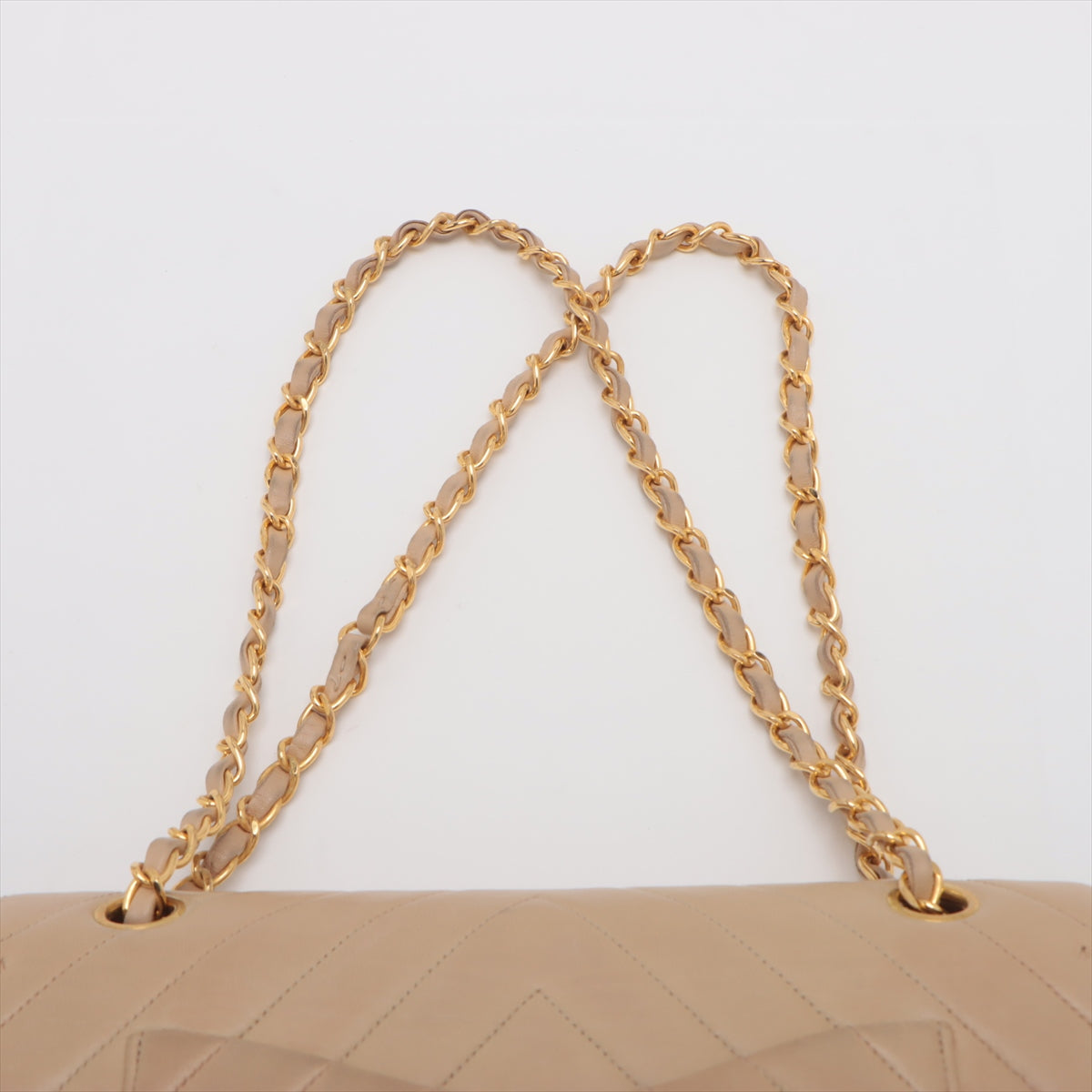 Chanel CC Logo V Stitch Lambskin Double Flap Double Chain Bag Beige