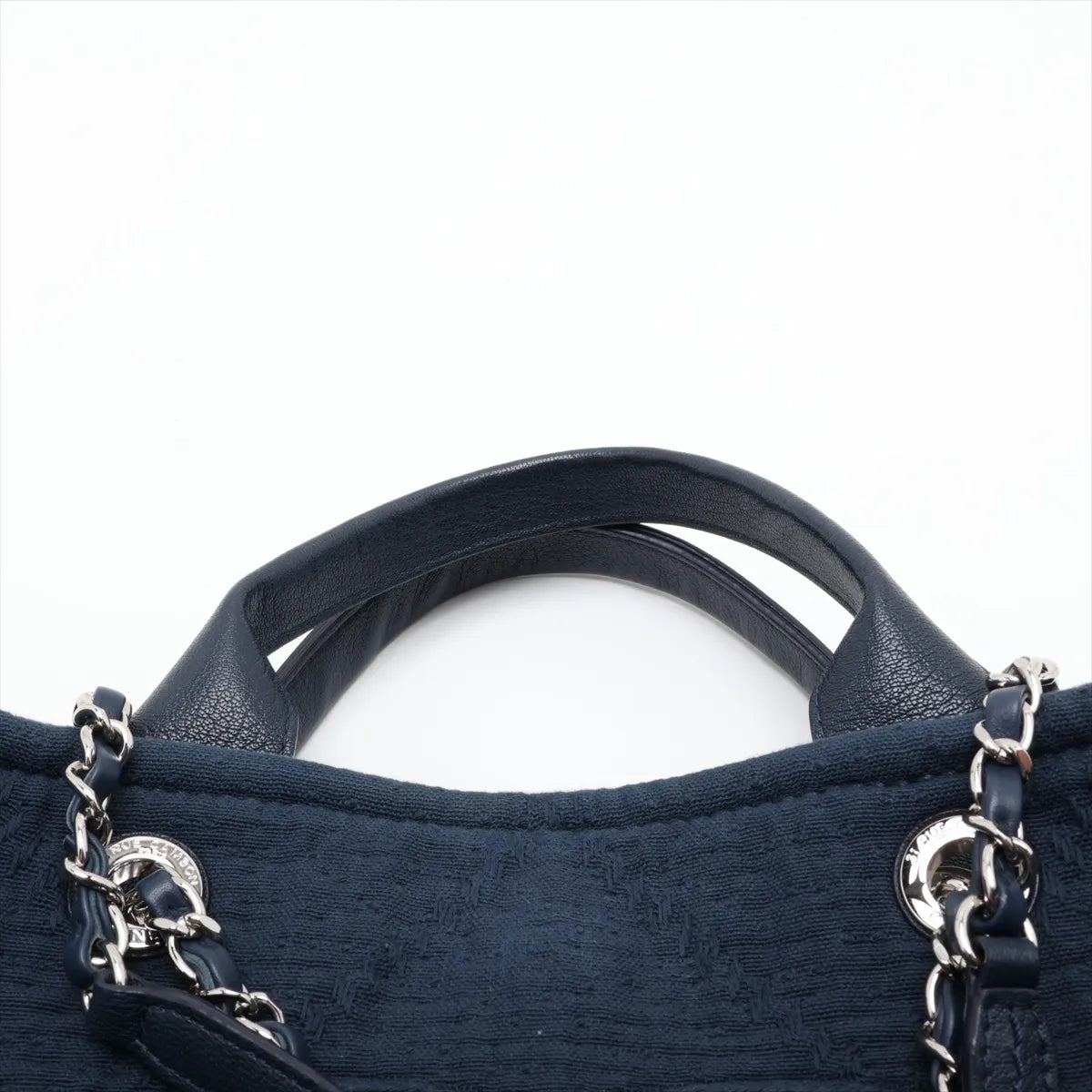 Chanel CC Logo Cotton Leather Chain Fringe Tote Bag Navy Blue