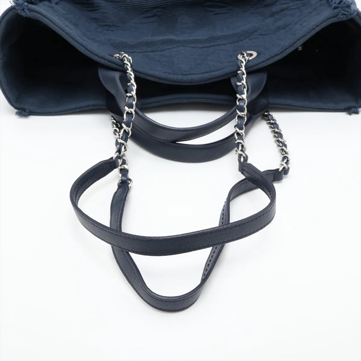 Chanel CC Logo Cotton Leather Chain Fringe Tote Bag Navy Blue