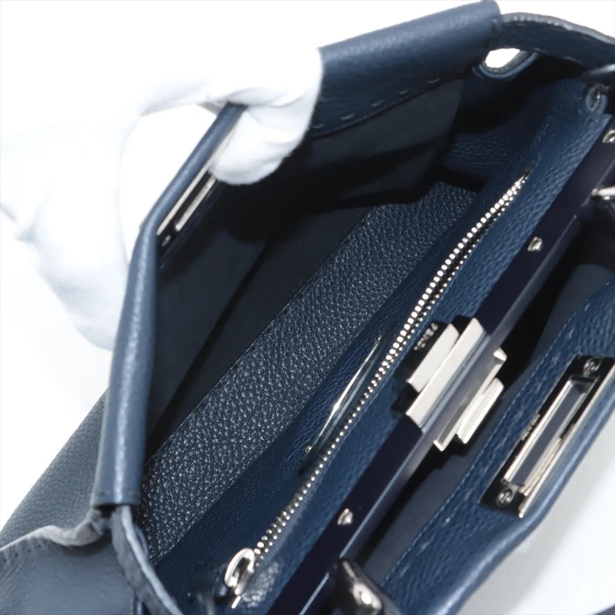 Fendi Peekaboo Regular Selleria Leather Handbag Navy Blue
