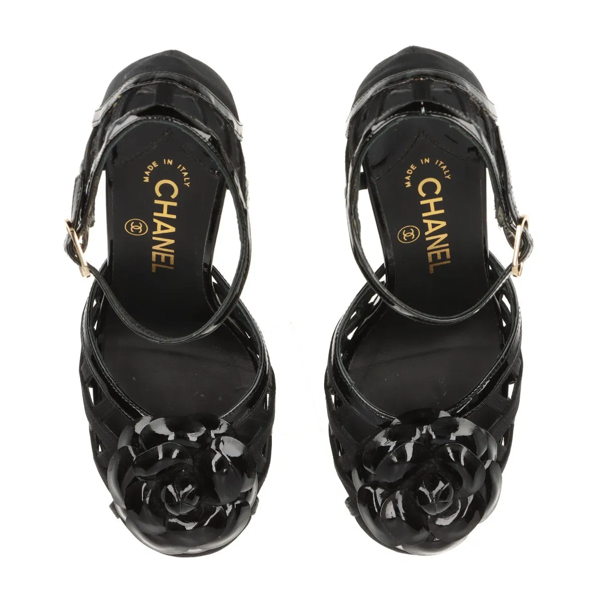 Chanel Camellia CC Logo Matelasse Patent Leather Strap Pumps Black