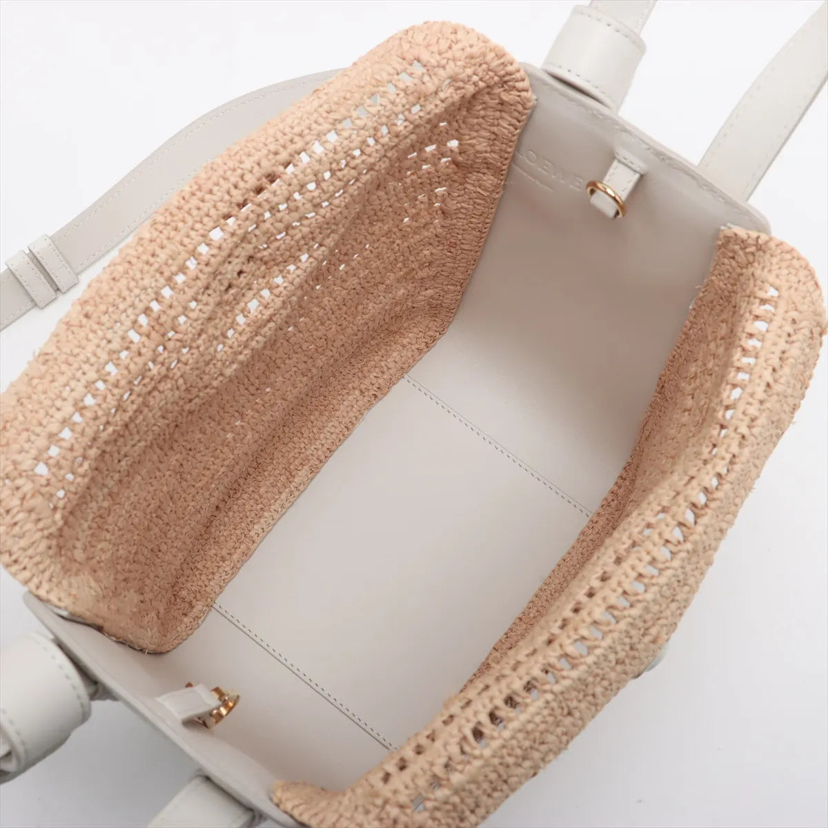 Loewe Hammock Compact Raffia Leather Shoulder Bag White x Beige