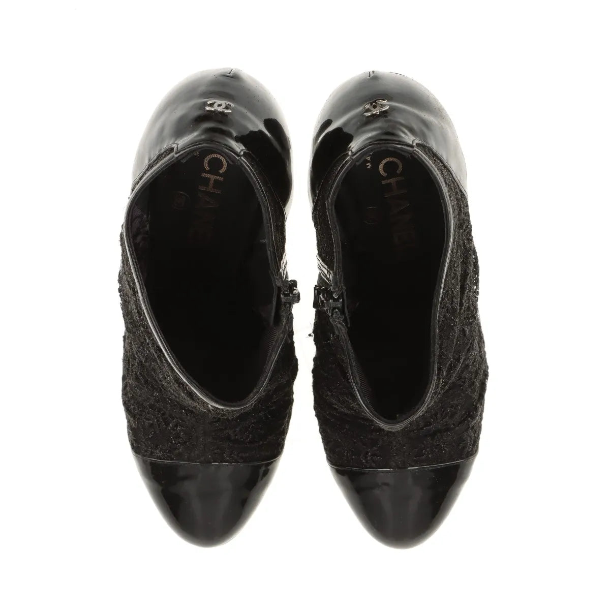 Chanel CC Logo Lace x Patent Leather Pointed Heel Boots Black