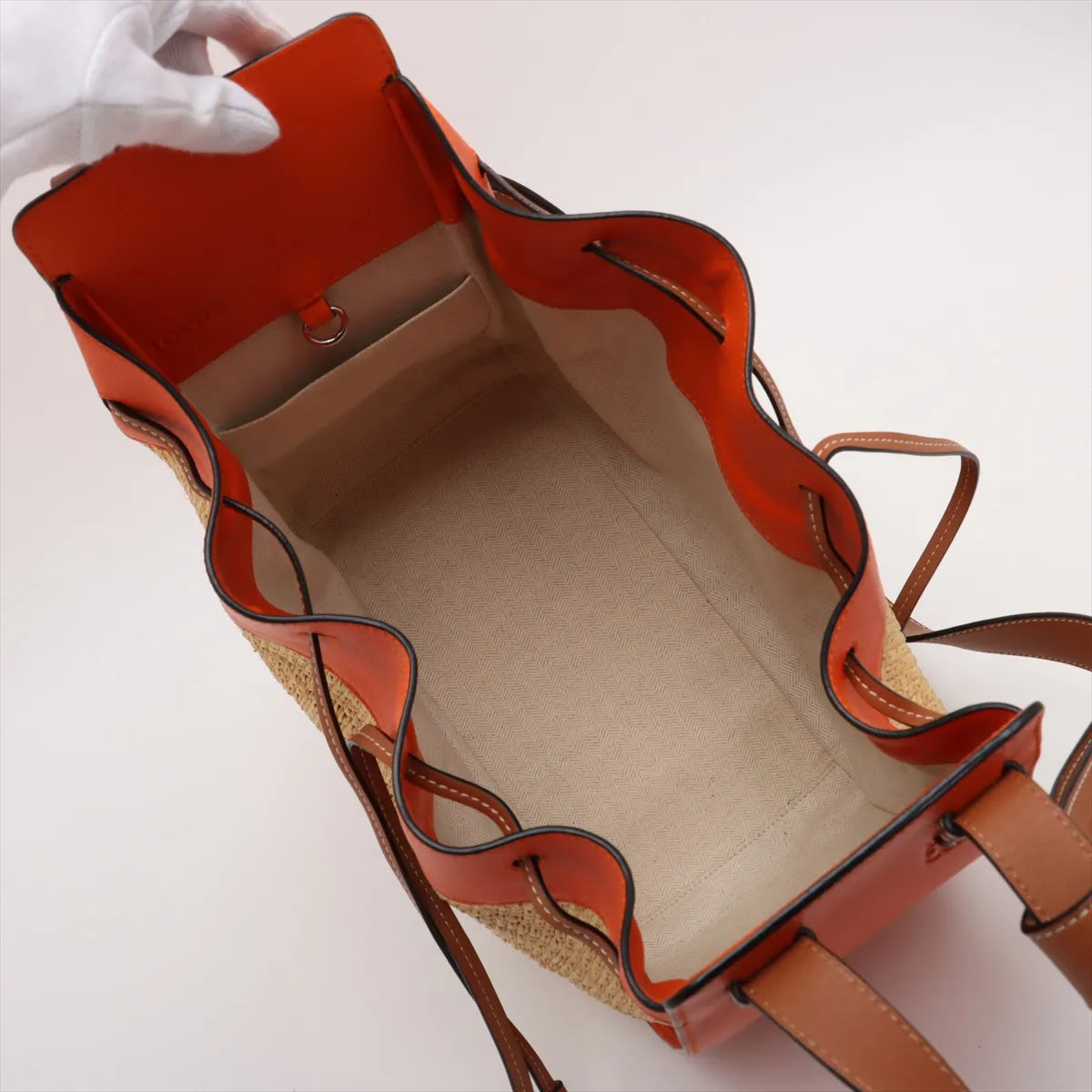 Loewe Hammock Drawstring Medium Straw Leather Shoulder Bag Brown x Orange