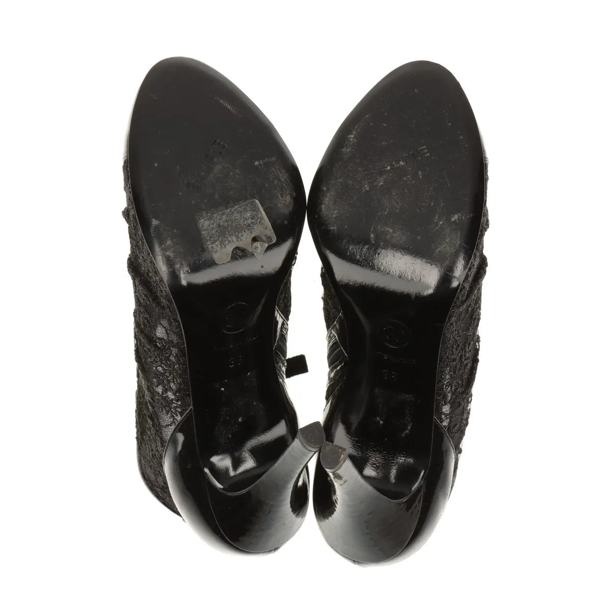 Chanel CC Logo Lace x Patent Leather Pointed Heel Boots Black