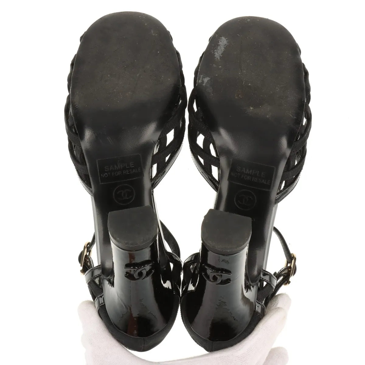 Chanel Camellia CC Logo Matelasse Patent Leather Strap Pumps Black