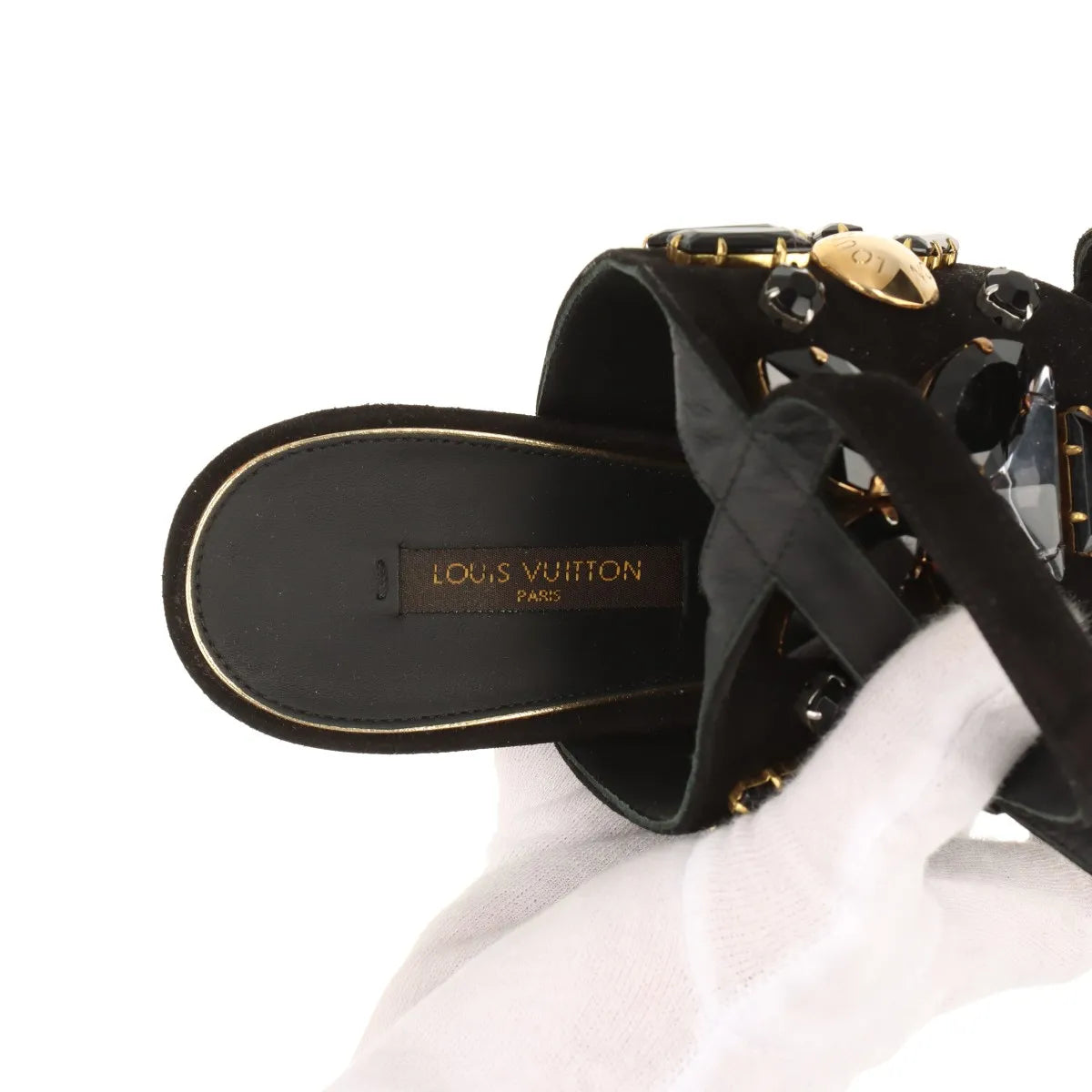 Louis Vuitton Cut Out Crsytal Suede Sandal Black