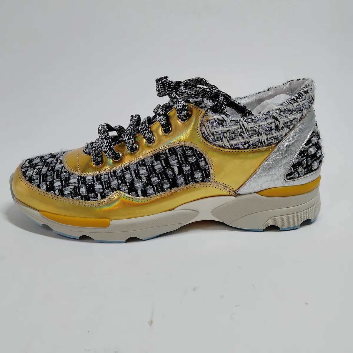 Chanel Tweed Metallic Trainers Women's Sneakers Gold & Black