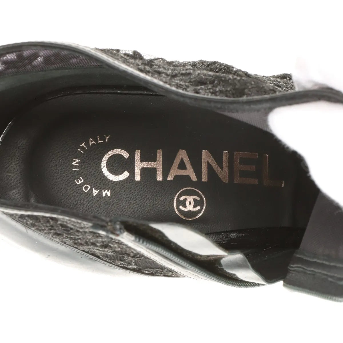 Chanel CC Logo Lace x Patent Leather Pointed Heel Boots Black