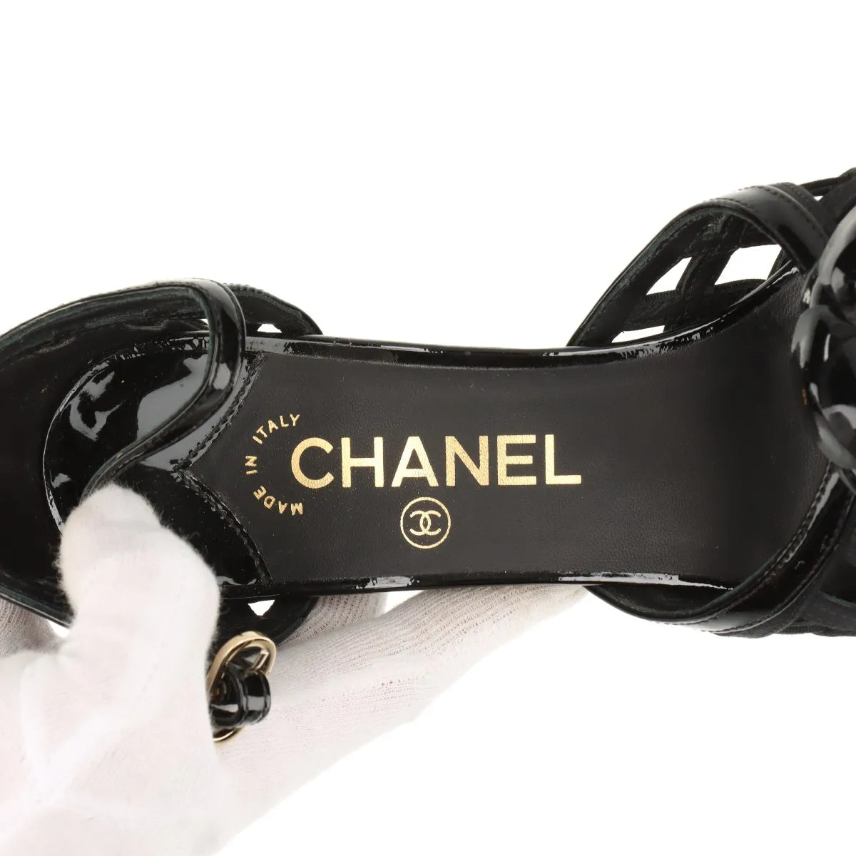 Chanel Camellia CC Logo Matelasse Patent Leather Strap Pumps Black