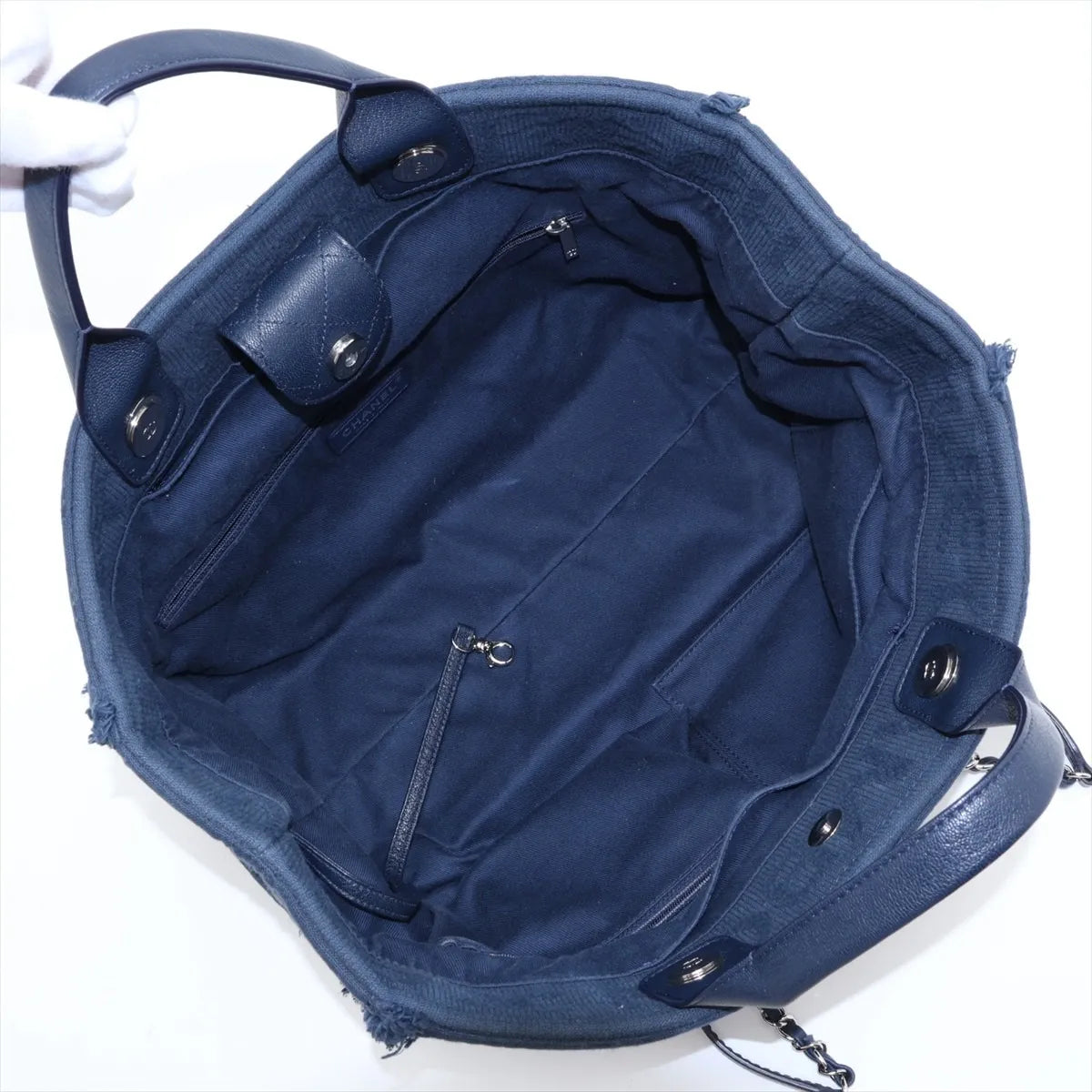 Chanel CC Logo Cotton Leather Chain Fringe Tote Bag Navy Blue
