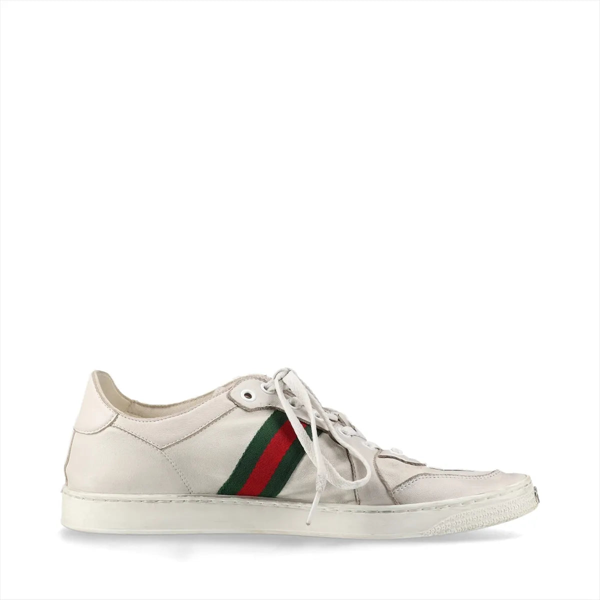 Gucci Web Stripe Leather Sneakers — Gray, Size 7; actual item photo 2
