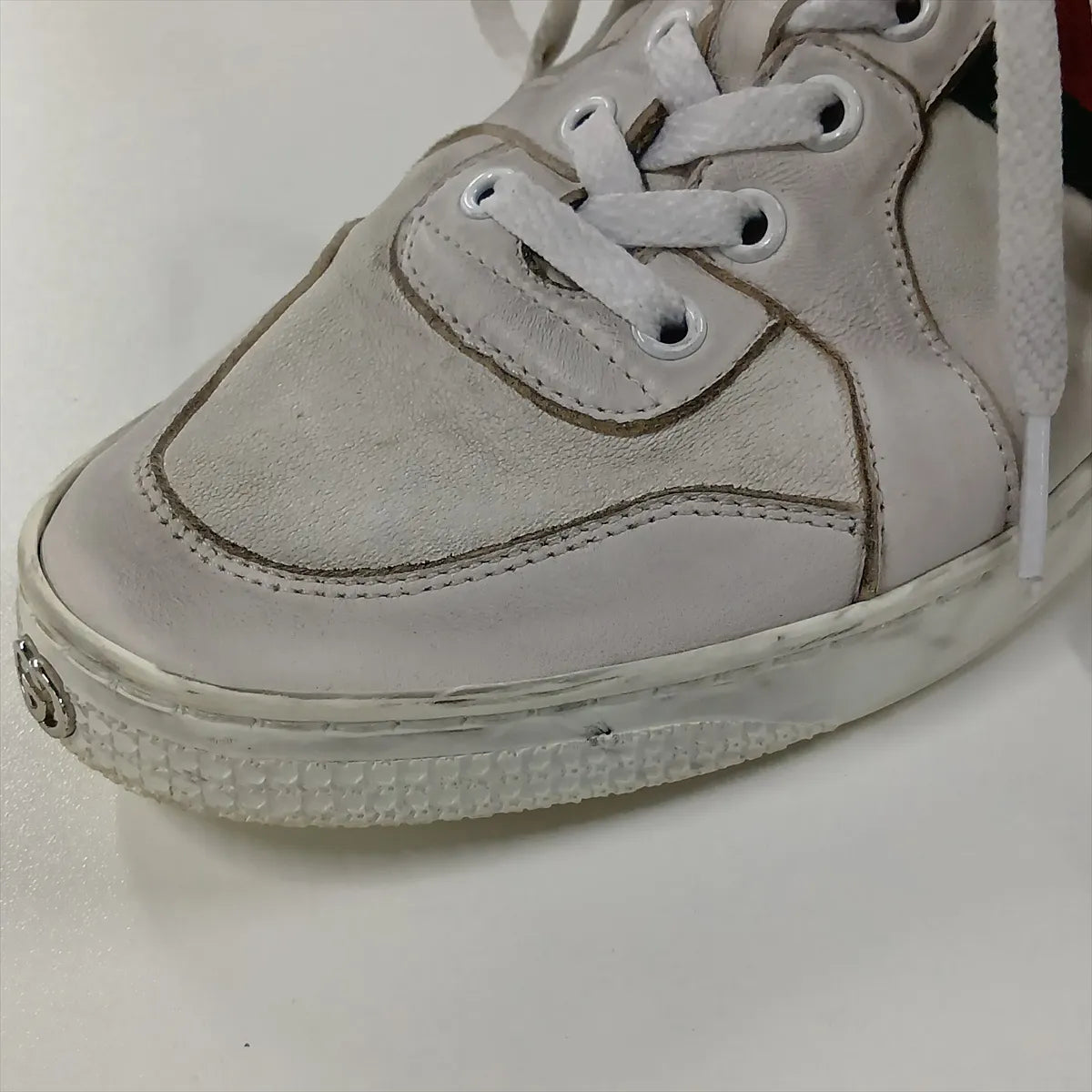 Gucci Web Stripe Leather Sneakers — Gray, Size 7; actual item photo 11