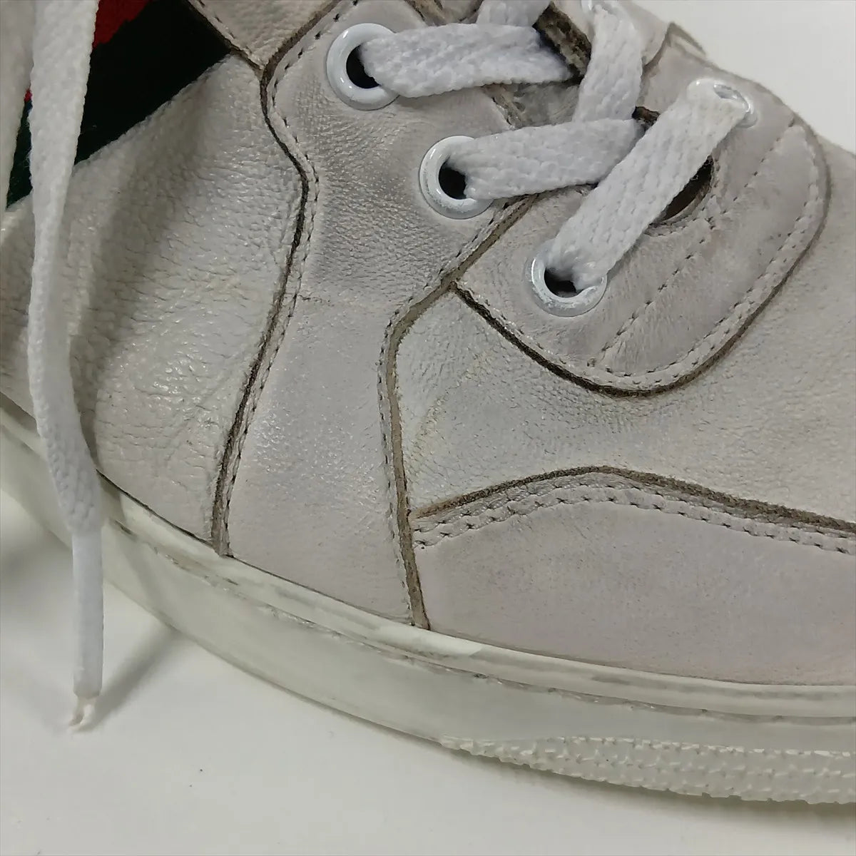 Gucci Web Stripe Leather Sneakers — Gray, Size 7; actual item photo 13