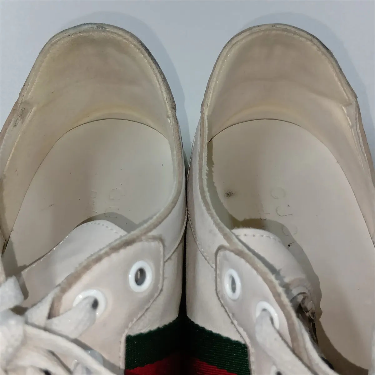 Gucci Web Stripe Leather Sneakers — Gray, Size 7; actual item photo 15