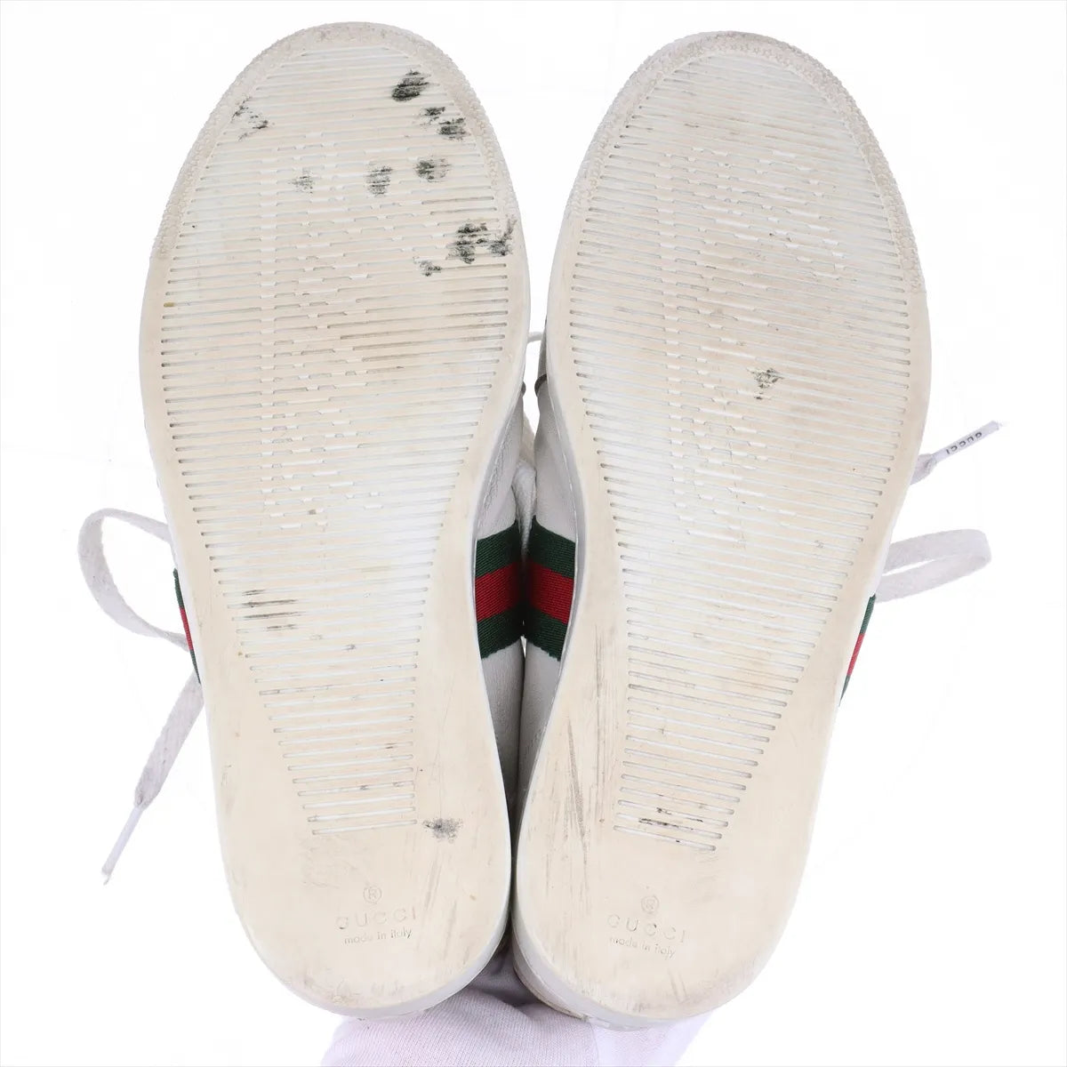 Gucci Web Stripe Leather Sneakers — Gray, Size 7; actual item photo 8