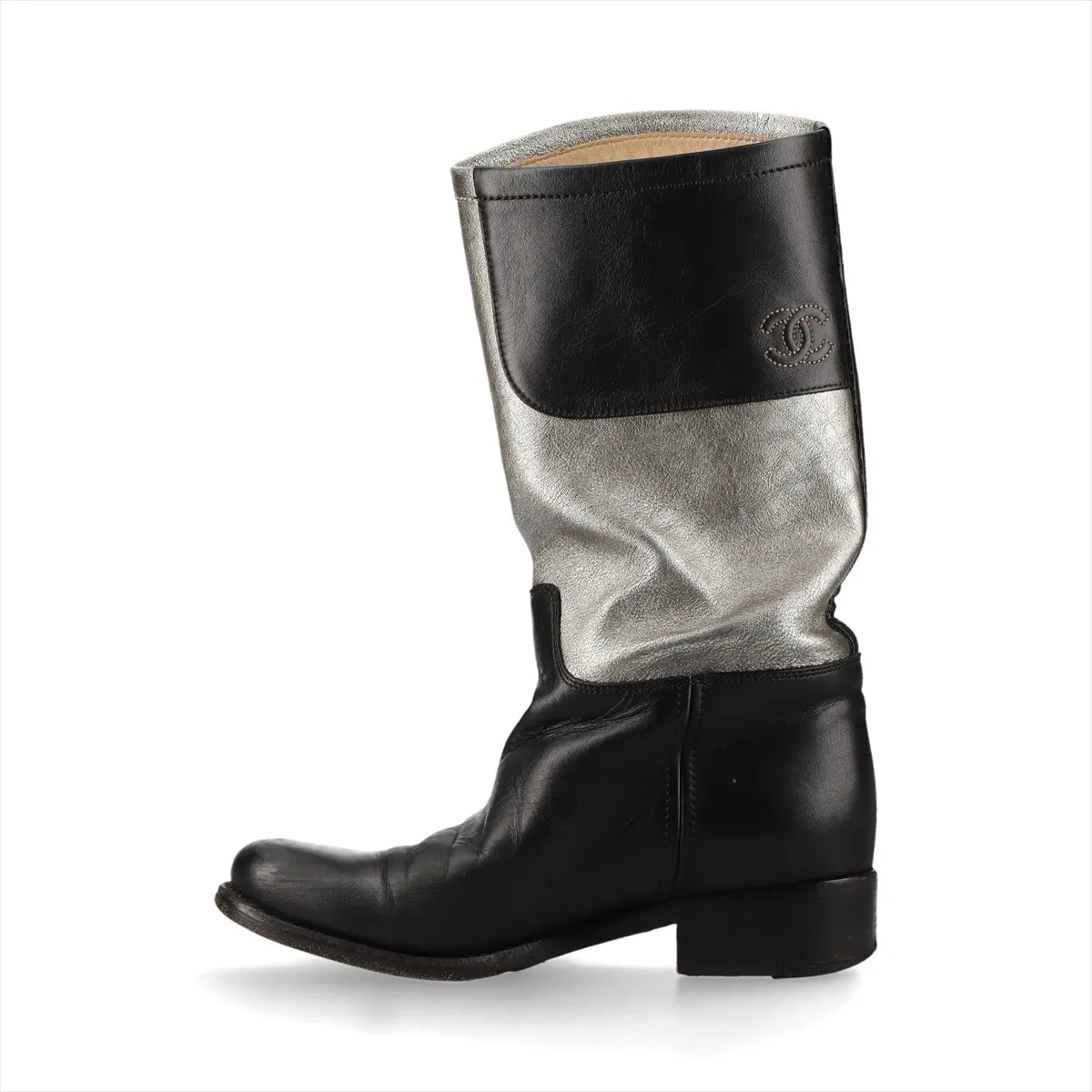 Chanel CC Leather Mid-Calf Boots — Silver & Black, 36C; actual item photo 4