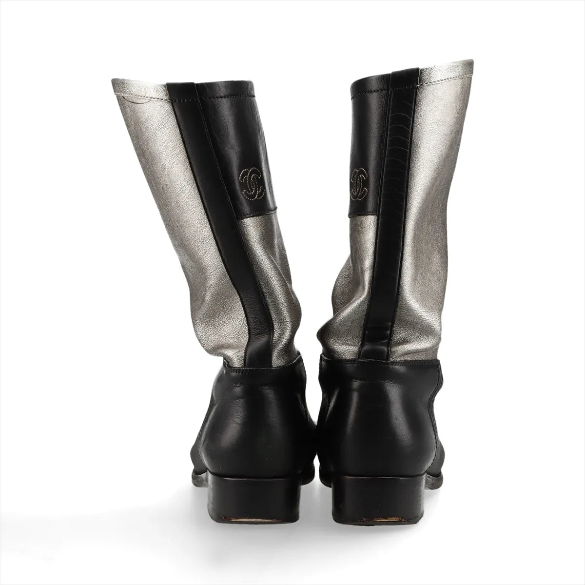 Chanel CC Leather Mid-Calf Boots — Silver & Black, 36C; actual item photo 6