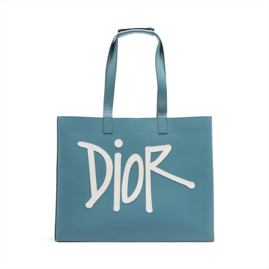 Best Christian Dior x Shawn Stussy Logo Leather Tote Bag Blue
