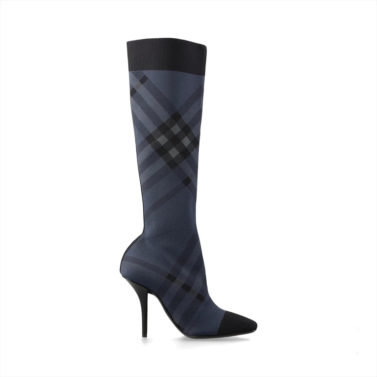Burberry Knit Check & Leather Tall Boots — Navy & Black, 38; actual item photo 2